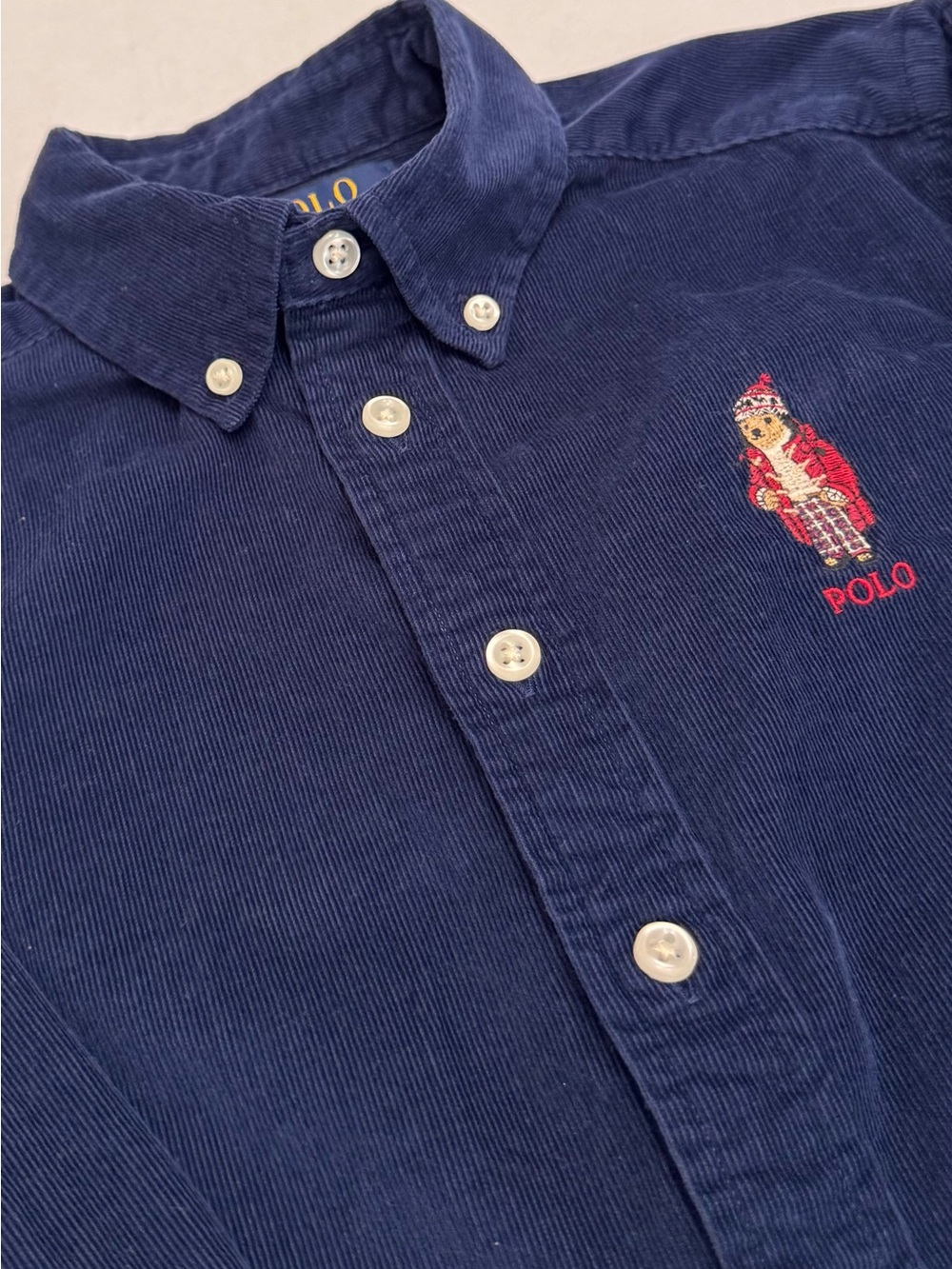 Polo Ralph Lauren Boys Polo Bear Cotton Corduroy Button Down Shirt Navy Size 8